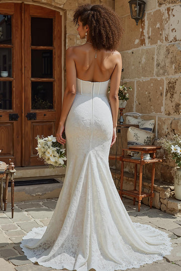 Ivory Strapless Corset Mermaid Lace Wedding Dress With Sweep Train